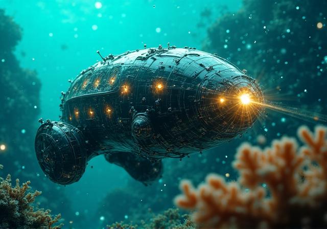 深海を探索する自律型水中ロボットのクローズアップ